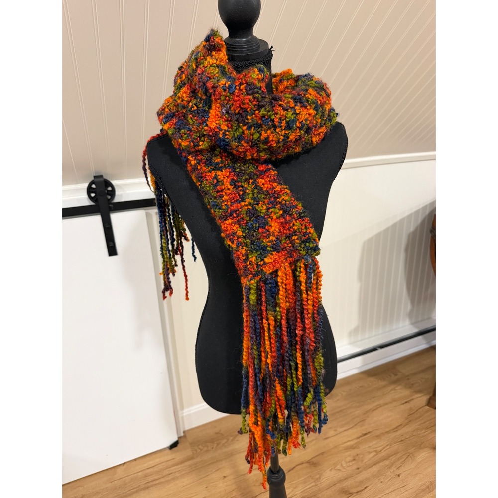 Handmade Chunky Knit Scarf Multicolor Orange Blue Green Fringed Boho Winter